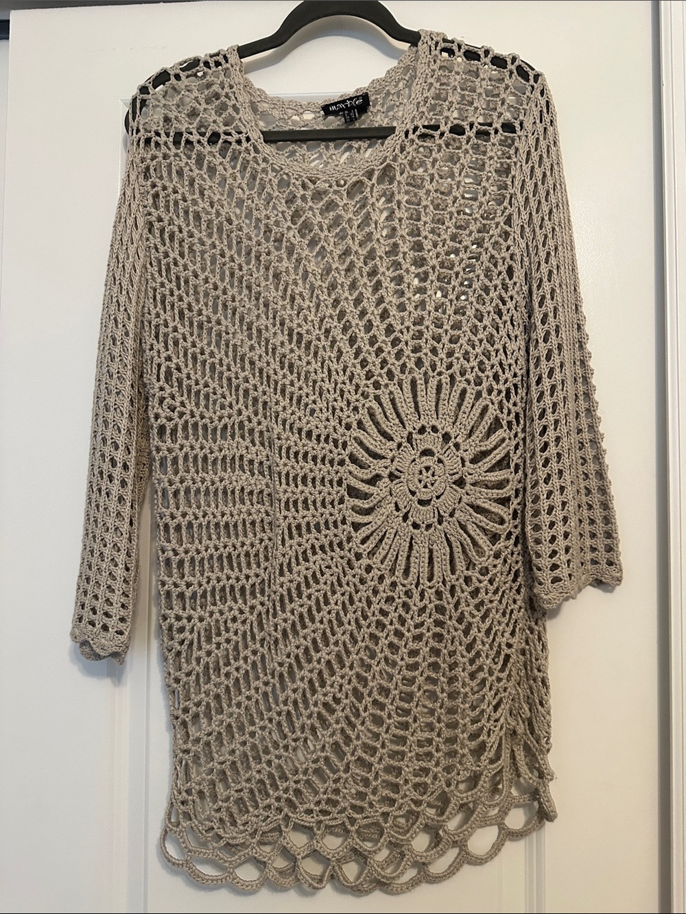 Taupe Crochet Openwork Sweater/Coverup